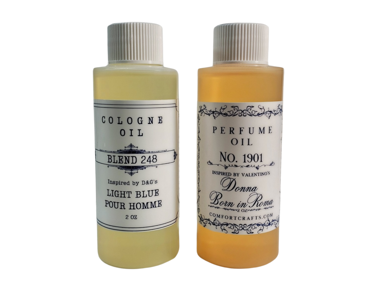 Three plastic 2 oz bottles with flip tops filled with colorful perfume oils.