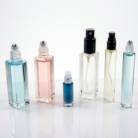 Five men's one ounce spray bottles with silver sprays and caps, filled with colorful eau de parfum, with a light blue sky background.