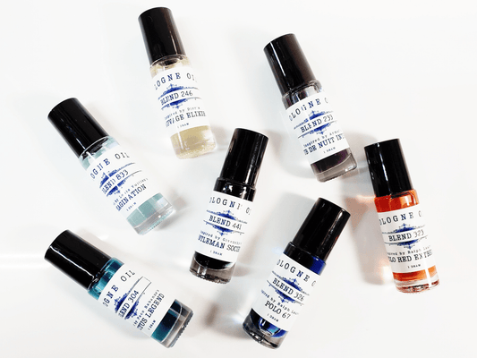 Seven dram size cologne oils for men.