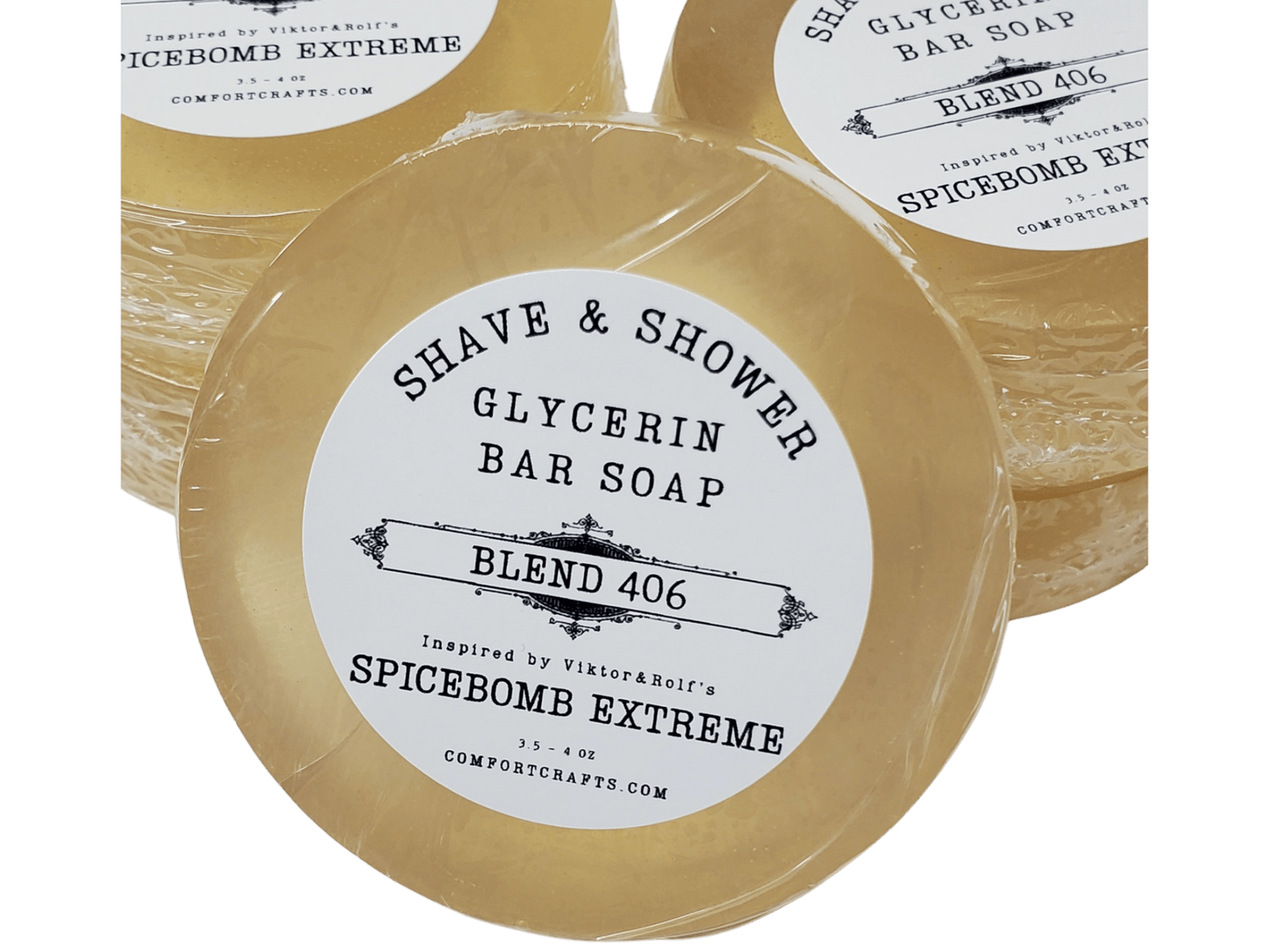 A round puck shaped bar of men's shave and shower soap.