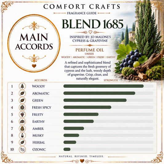 A decorative perfume oil guide graphic for Comfort Crafts Blend 1685. The graphic features a large gold circular emblem reading 'MAIN ACCORDS' on the left, product details on the top right, and a bar chart at the bottom listing ten accords (Woody, Aromatic, Green, Fresh Spicy, Fruity, Earthy, Musky, Herbal, Ozonic) with corresponding progress bars.