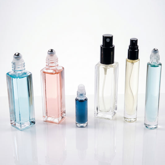 Six clear glass perfume or fragrance bottles of different shapes and sizes, some with black spray tops and one with a silver rollerball cap, filled with blue, pink, and pale liquid, arranged on a white reflective surface against a white background.
